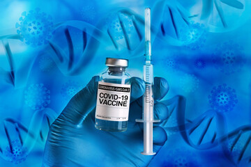 vaccine bottle for coronavirus with label Covid-19 vaccine for mutations of Virus. Doctor holding...