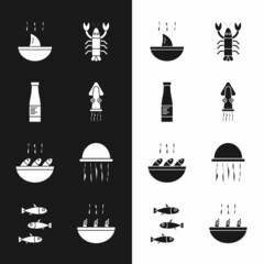 Set Octopus, Sauce bottle, Shark fin soup, Lobster, Fish, Jellyfish, Soup with shrimps and Fishes icon. Vector
