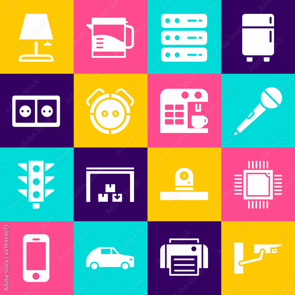Poster set security camera, processor with microcircuits cpu, microphone, server, data, web hosting, robot 