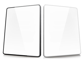 Black and white tablet computers with thin frames, isolated on white background