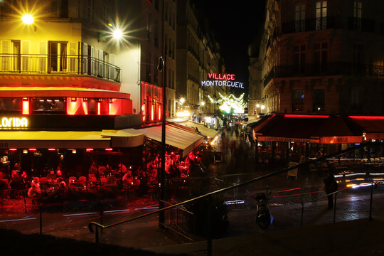 Street Montorgueil in Paris at night time