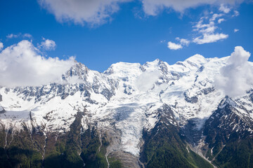 The Mont Blanc Massif in the Mont Blanc Massif in Europe, France, the Alps, towards Chamonix, in summer on a sunny day.