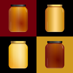 Affiche composée de carré de couleur avec 4 bocaux représentant une gamme de miel de différentes variétés.
