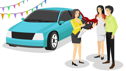 Professional Car Dealer Vector. Business seller women send big key for new car to customer. Couple came to pick up a new car at the sales center. Blue car as background white white isolated.