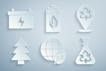 Set Earth globe and leaf, Recycle, Christmas tree, Garbage bag with recycle, Eco nature battery and Car icon. Vector