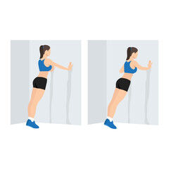 Woman doing Wall push up. Standing press up exercise. Flat vector illustration isolated on white background. workout character set