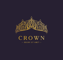 Abstract luxury, royal golden company logo icon vector design. Elegant crown, tiara, diadem premium symbol. Hand drawn lace jewelry, arabic, restaurant © marylia17