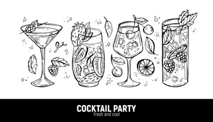 Set of cocktails, pencil hand-drawn. With berries and lemon slices. For menus and advertisements