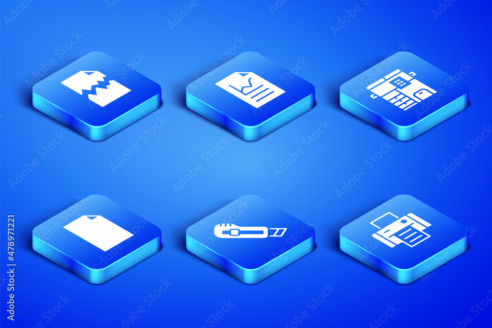 Poster set printer, torn document, stationery knife, empty, document with graph chart and copy machine icon