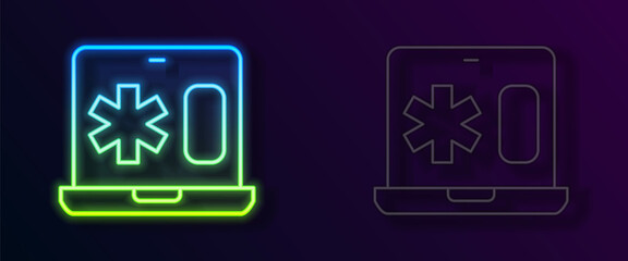 Glowing neon line Medical clinical record on laptop icon isolated on black background. Health insurance form. Medical check marks report. Vector