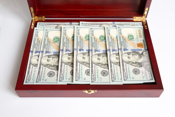 Box of dollars is on white background. Concept success. - 478971875