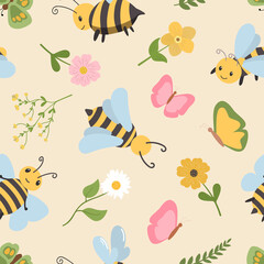 Cartoon bees, butterflies with colorful flowers seamless pattern on pastel background. Design for kids textile, wallpaper, backdrop.