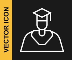 White line Graduate and graduation cap icon isolated on black background. Vector