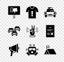Set Protest, T-shirt protest, Police car and flasher, Megaphone, Gas mask, camp, Traffic jam and Hand showing two finger icon. Vector