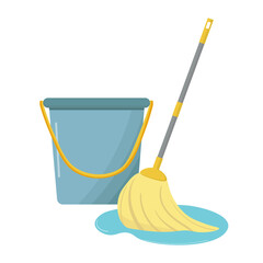 Vector mop and bucket. Floor mopping concept for housework design. Cleaning service banner. Domestic hygiene household. Cleaning equipment