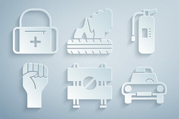 Set Road barrier, Fire extinguisher, Raised hand with clenched fist, Police car flasher, Lying burning tires and First aid kit icon. Vector