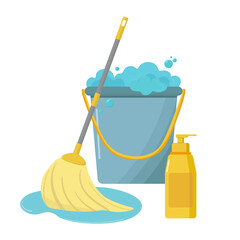 Cleaning service or household and housekeeping maintenance flat. Bucket with foam, mop and detergent bottle.