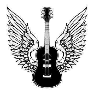Illustration of winged rock guitar. Design element for logo, label, sign. Vector illustration