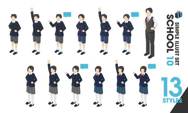 イラストセット「SCHOOL 10」13点　学生服 制服 ブレザー スカート 男女 / manga illustration vector school boy girl uniform