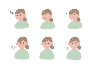 手描き風の女性の表情イラストセット