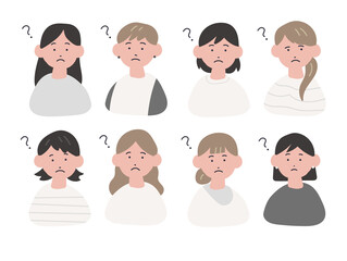 手描き風の女性たちのイラストセット（疑問）