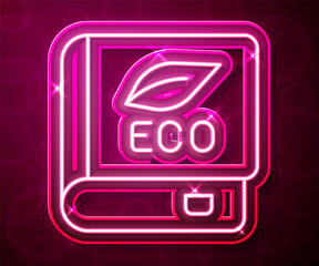 Glowing neon line Book about ecology icon isolated on red background. Biology book. Vector