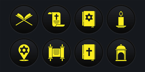 Set Star of David, Burning candle, Decree, paper, parchment, scroll, Holy bible book, Jewish torah, Muslim Mosque and Koran icon. Vector
