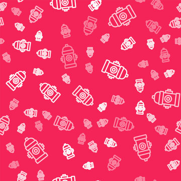 White line Fire hydrant icon isolated seamless pattern on red background. Vector