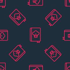 Red line Cookbook icon isolated seamless pattern on black background. Cooking book icon. Recipe book. Fork and knife icons. Cutlery symbol. Vector