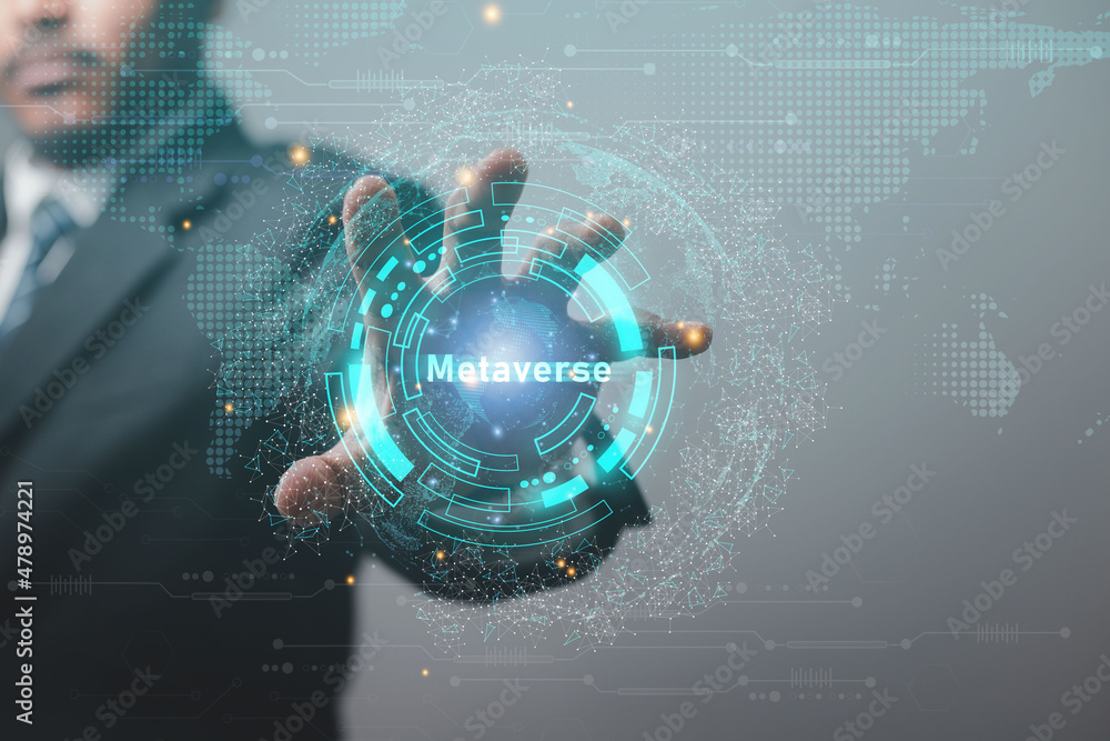 Poster business man showing the future world of metaverse. global internet connection application technolog