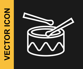 White line Drum with drum sticks icon isolated on black background. Music sign. Musical instrument symbol. Vector