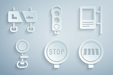 Set Stop sign, Road traffic, Pedestrian crosswalk, Traffic light and icon. Vector