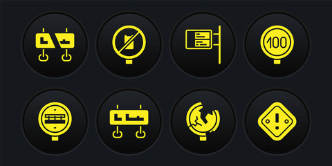 Set Railroad crossing, Speed limit traffic, Road sign, ublic transport board, No cell phone, Exclamation mark triangle and icon. Vector