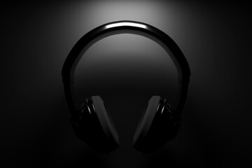 Fototapeta na wymiar 3d illustration of black headphones on black isolated background on white lights. Headphone icon illustration