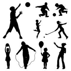 Boys and girls playing sports games, set of vector silhouettes.