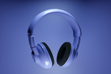 Fototapeta na wymiar 3d illustration of purple retro headphones on purple isolated background on white lights. Headphone icon illustration