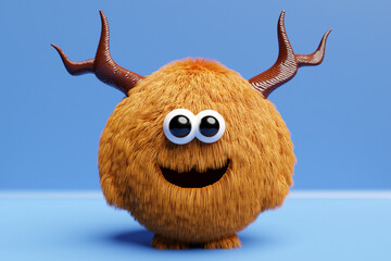 3D illustration of a funny furry brown monster with eyes and horns on a blue  isolated background. Funny emoticon monster for child's design