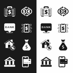 Set Smartphone with dollar, Bank building, Briefcase and money, Money exchange, House percant discount, bag, Mobile banking and icon. Vector
