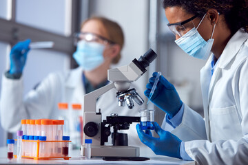 Two Female Lab Workers Wearing PPE Researching Covid-19 Vaccine In Laboratory With Microscope