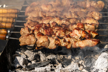 Meat skewers on barbecue grill 