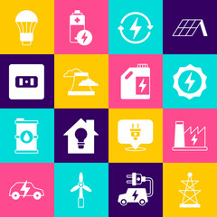 Set Electric tower, Nuclear power plant, Lightning bolt, Recharging, Electrical outlet, LED light bulb and Eco fuel canister icon. Vector