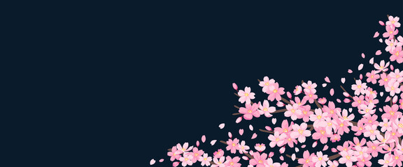 桜の花のイララスト　背景素材　バナーサイズ　ネイビーの背景