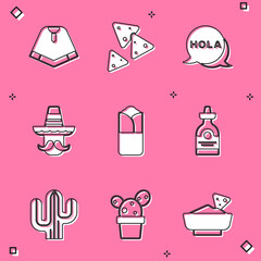 Set Poncho, Nachos, Hola, Mexican man sombrero, Burrito, Tequila bottle, Cactus and or succulent in pot icon. Vector