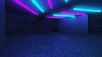 Neon Tube Lights Glowing In Concrete Floor Room