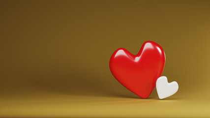 two romantic hearts on a golden background, valentine's day, web banner or template, 3d rendering