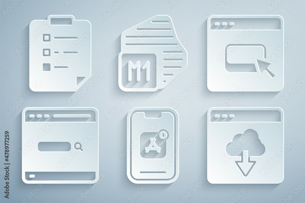 Poster set mobile apps, browser files, search engine, cloud technology data transfer, processor and clipboa