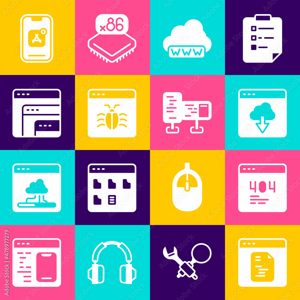 Poster set software, page with 404 error, cloud technology data transfer, web development, system bug, mobi