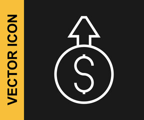 White line Financial growth dollar coin icon isolated on black background. Increasing revenue. Vector