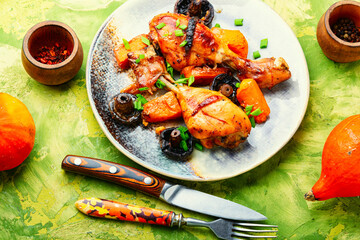 Chicken legs in soy sauce with pumpkin