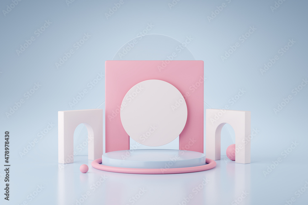 Poster mock up of geometry podium for product presentation on blue background. 3d rendering.